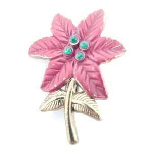 Vintage Red Poinsettia Brooch, Holiday Christmas Floral Retro Lapel Pin, Estate